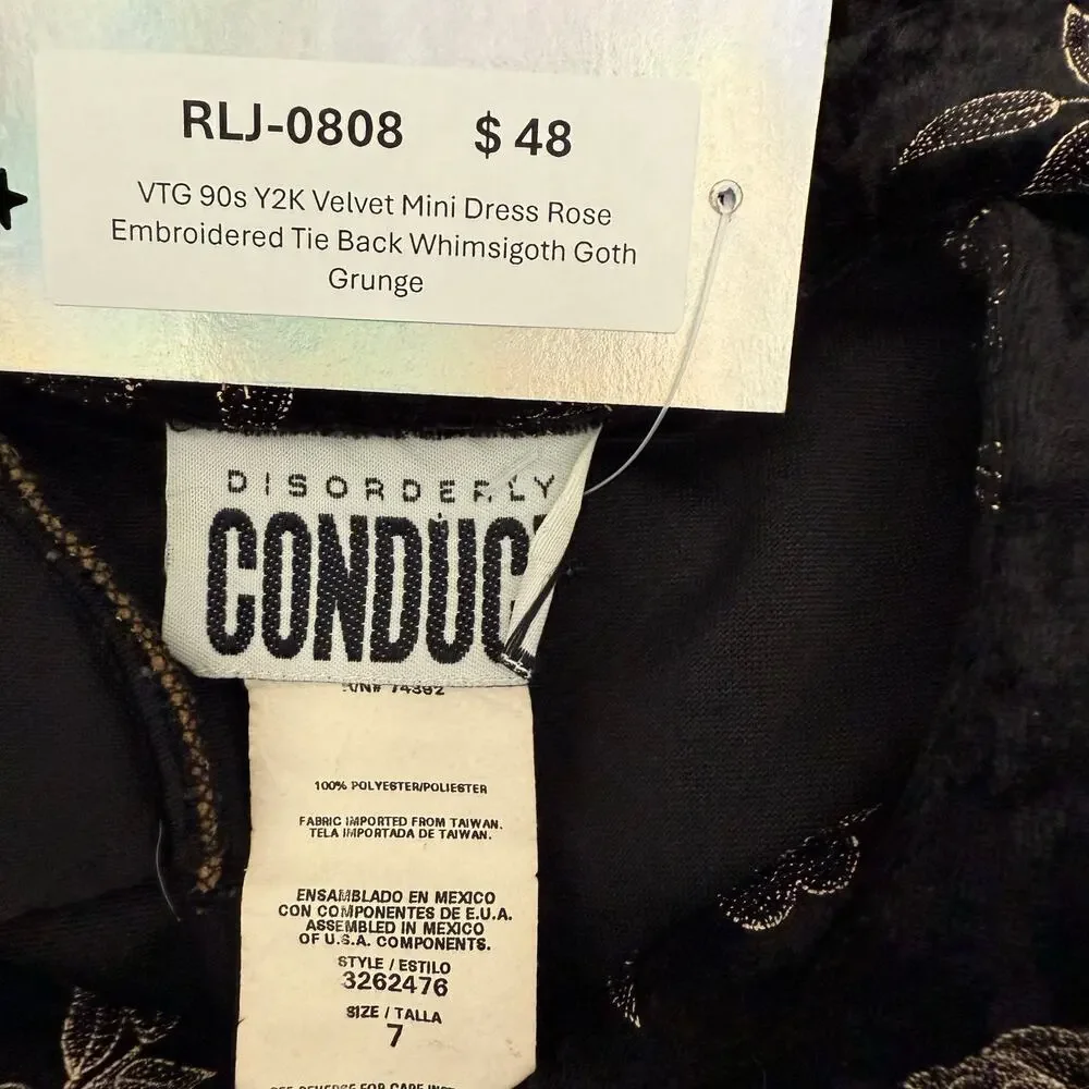 VTG 90s Y2K Velvet Mini Dress Rose Embroidered Tie Back Whimsigoth Goth Grunge - Picture 5 of 6